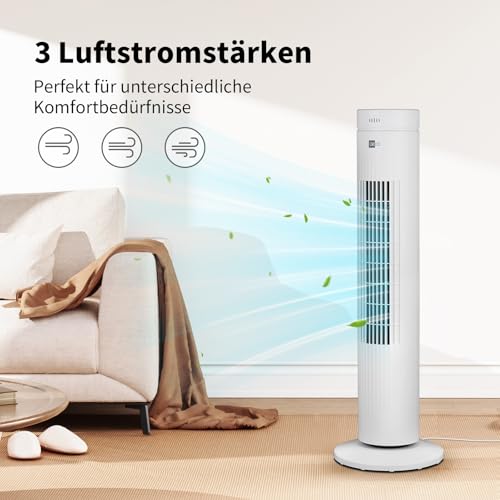 aeco AirX SPIN Turmventilator mit Fernbedienung, 76 cm Höhe, 60° oszillierender Ventilator mit Timerfunktion (7H), 3 Geschwindigkeiten, Power-Off-Funktion, leise für Schlafzimmer und Büro, Weiß 4