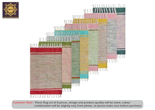 Image of MDZ Hand Woven Cotton Modern Assorted Border Rug | Size: 16 inchx24 inch Inch or 40x60 cm | Color: Assorted Multi | Machine Washable | Eco Friendly | Multi Uses (Combo of 8 Pcs.)