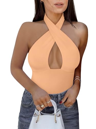REORIA Women's Sexy Criss Cross Halter Neck Sleeveless Party Club Night Going Out Thong Bodysuits Tops Peach Fuzz-Medium