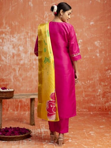 Image of VredeVogel Women's Silk Blend Embroidered Kurta Pant Set with Jacquard Dupatta | Modern & Traditional Blend Ethnic Wear Set
