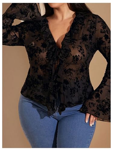 WDIRARA Women's Plus Size Floral Lace Sheer T Shirt Tie Front Long Bell Sleeve Tee Tops3