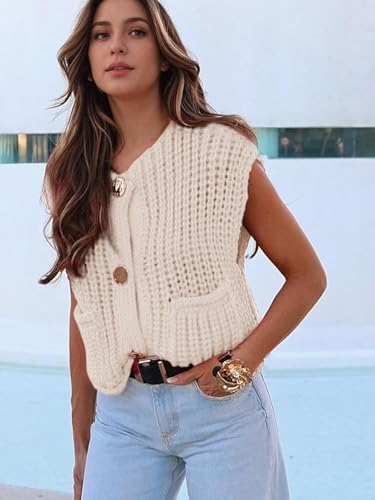 YKR Womens Chunky Knit Sweater Vest Sleeveless Button Down Cropped Cardigan Casual Knitted Crochet Vest with Pockets4