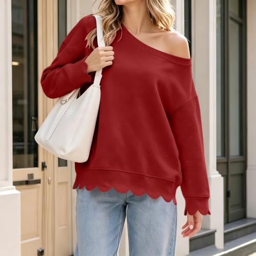 Off Shoulder Sweatshirt for Women Cotton Scalloped Hem Trendy Sweat Shirt - image 3