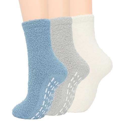 Zando Fuzzy Non-Slip Slipper Socks for Women - Cozy Fluffy Winter Grip Socks - Warm Fleece Anti-Slip Indoor Sleeping Socks - 3 Pack Blue/Gray/White One Size