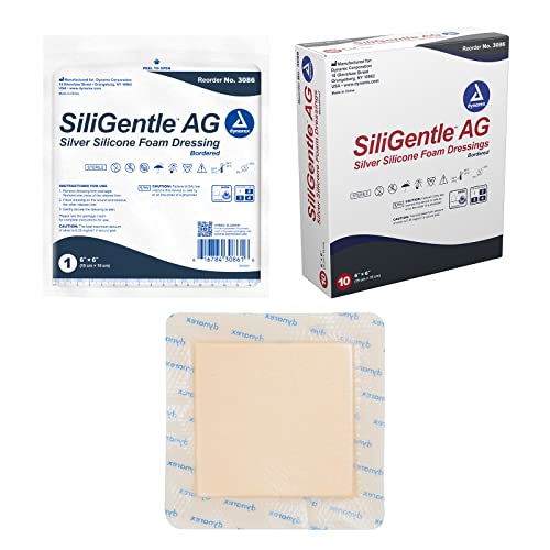 Dynarex Siligentle Ag Silver Silicone Foam Dressings, Wound Care, Soft & Absorbent, White, 6” X 6” Adhesive Foam Pad Dressing With Silicone Layer, 1 Box Of 10 Non-Adhesive Silicone Foam Dressings #TOP21