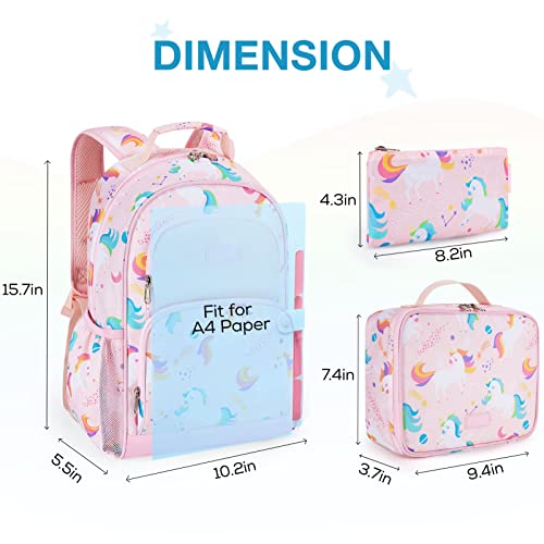 Mommore Kids Backpack Set, Unicorn Backpack For Girls Lightweight Elementary Bookbag For Students School Backpack For Children With Chest Strap Water Resistant, 3Pcs Pink #TOP6