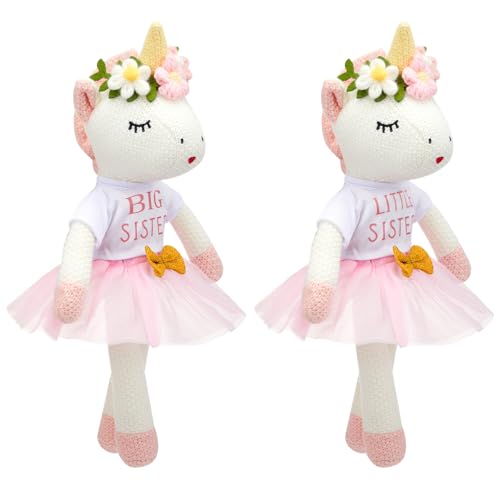 Blueweenly 2 Pcs Big Sister Little Sister Gift for Girls 17 Inches Unicorn Stuffed Plush Doll Short Sleeve Outfits Short Sleeve T-Shirt Top and Pink Tutu Skirt Clothing Set Gifts for Toddler Kid Baby