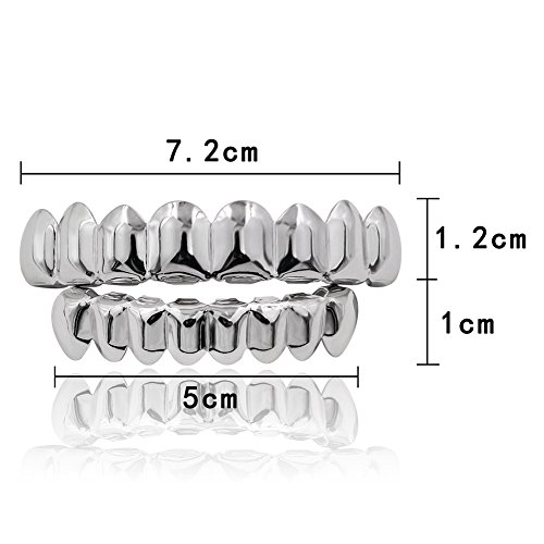 JINAO Silver Grill 18K Gold Plated Gold Finish 8 Top Teeth 8 Bottom Tooth grillz Hip Hop Mouth Grills for Men Women (Silver Set)
