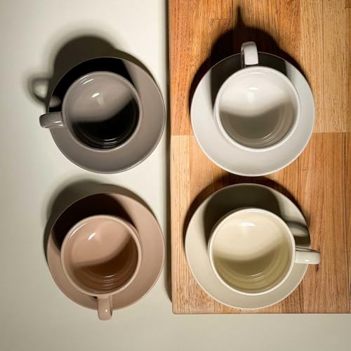 Mora Ceramics 8oz Cappuccino Mug Set of 4 - Ceramic Coffee Cups with Saucers - Microwave and Dishwasher Safe, Perfect For Tea, Espresso, Latte - Porcelain Mugs for Kitchen or Cafe - Assorted Neutrals