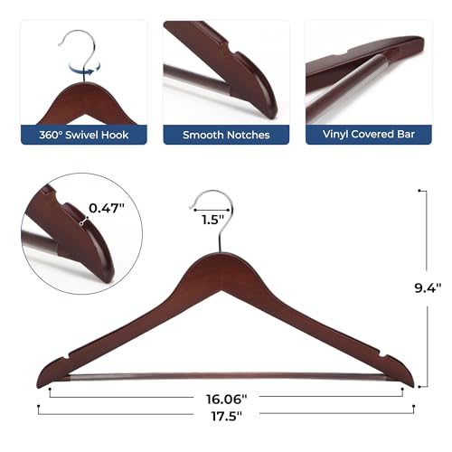 JS HANGER Wooden Coat Hangers, 20 Pack High Grade 17.5 Inch Wood Suit Hangers with Non Slip Pant Bar - Extra Smooth and Splinter Free Walnut Finish