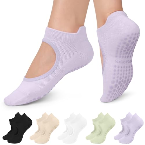 5 Pairs Non Slip Pilates Socks with Grips for Women, Grip Socks for Yoga Ballet Barefoot Workout Anti Skid Athletic Socks