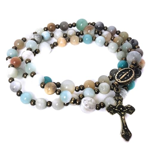 Christian Catholic Amazonite Stone Twistable 5 Decade Rosary Bracelet with Virgin Mary Our Lady of Graces Medal Charm and Crucifix - Catholic Gift2