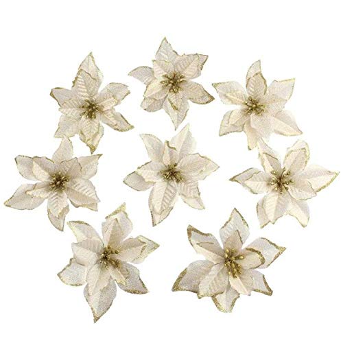 GuiHe 12Pcs Glitter Artificial Wedding Christmas Flowers Glitter Poinsettia Christmas Tree Ornaments Dia 5.3 Inch（Gold）