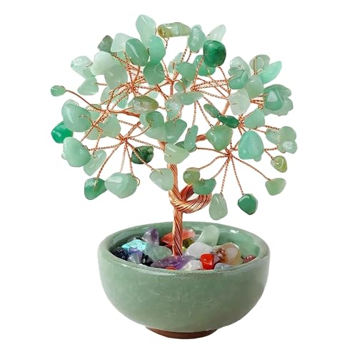 CHIORGONE 天然シトリンクリスタルマネーツリー-富と繁栄をもたらす風水盆栽、卓上装飾、ホームオフィス用セラミックポット付き人工木 (東陵石(とうりょうせき))