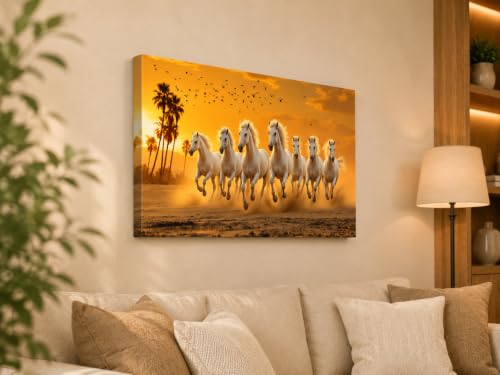 Image of 7 Horse Vastu Sunrise Canvas Painting | Positive Energy Wall Decor | Big Size Premium Running Horses Artwork for Home, Office & Hall Decoration (Modern, Sky Horse, 26x18 Inch)