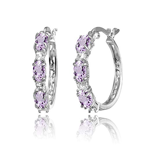 Purple Earrings For Women Sterling Silver Hoops Princess-Cut White Topaz & Oval Genuine Amethyst Hoop Earring For Girls Teens Bridesmaids Fashion Trendy #TOP4