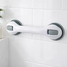Barra de Apoio com Ventosa Banheiro 30cm para Banheiro – Fixação por Sucção, Antideslizante, Instalação Sem Furos – Branca com Cinza