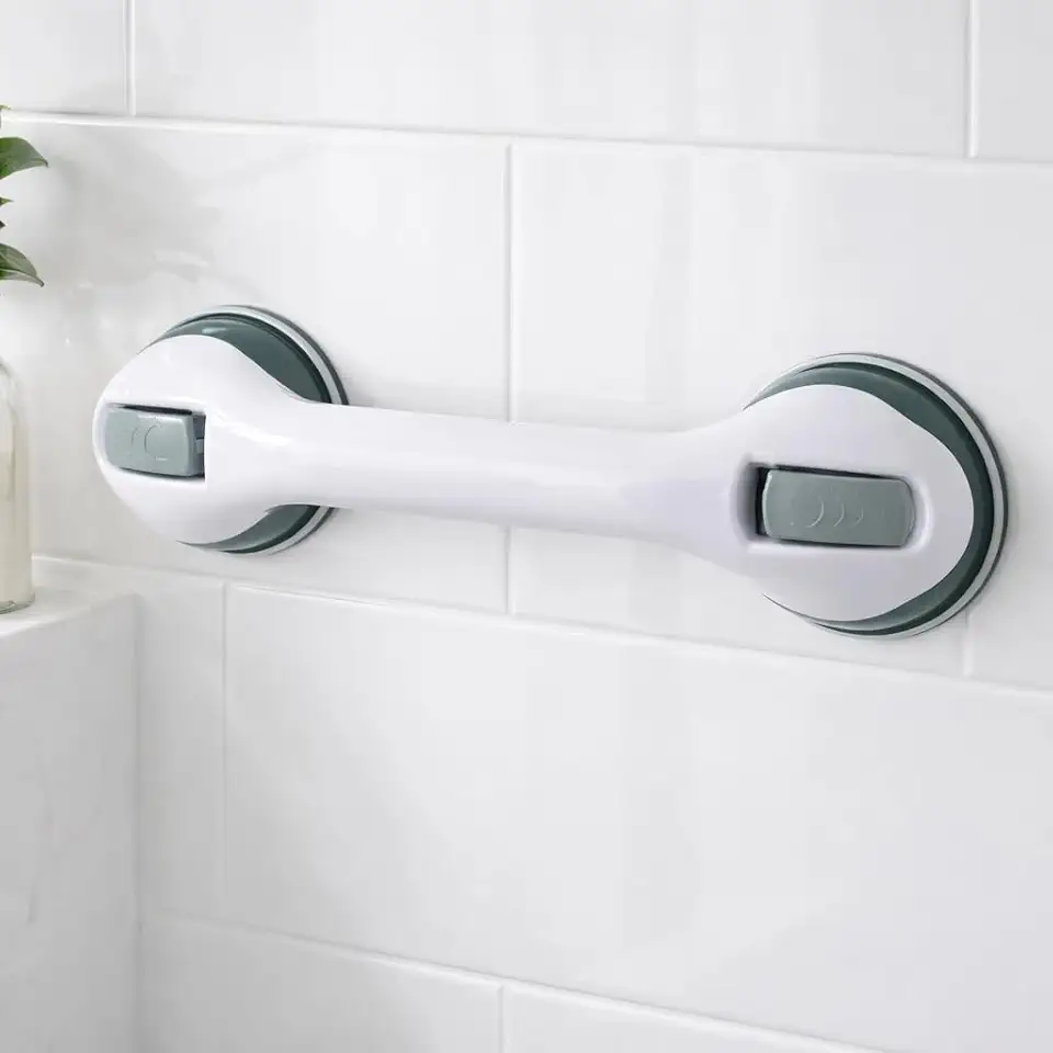 Barra de Apoio com Ventosa Banheiro 30cm para Banheiro – Fixação por Sucção, Antideslizante, Instalação Sem Furos – Branca com Cinza
