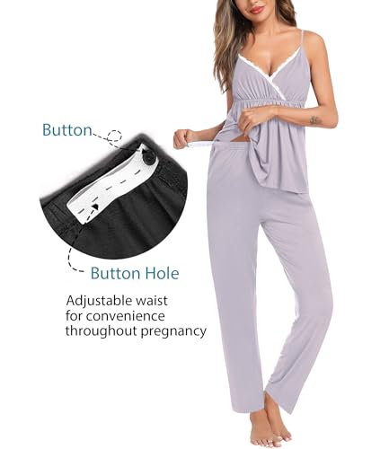 Image of SWOMOG Maternity Nursing Robe Set 3 Piece Breastfeeding Pajamas 3 in 1 Labor Delivery Sleevless Tops&Long Pants Pregnancy Pjs