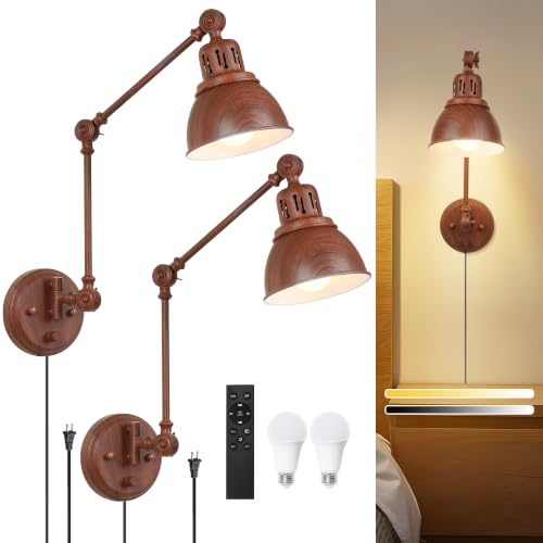 Image of 2 Pack Plug in Wall Sconces with Remote, Dimmable, Adjustable Colors, Swing Arm Wall Lamps, Wall Sconces Set of Two with Timer & Night Light, Plug-in or Hardwired (Walnut Finish, with Bulbs+Remote)