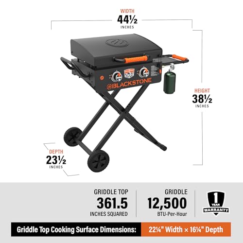 Image of BLACKSTONE 22 inch On The Go Scissor-Leg Griddle with Two Burners -Stainless Steel Gas Griddle with Hood, Wheels, Side Shelf -Heavy Duty Outdoor Stainless Steel Griddle for Backyard, Patio Camping -1935