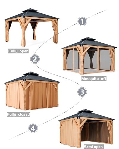 Hardtop Wood Gazebo 12'x12' for All Weather, with Double Metal Roof, Heavy Duty Wooden Frame, Net, and Curtain, Permanent Building for Patio, Deck, Backyard, Lawn, and Garden, Khaki