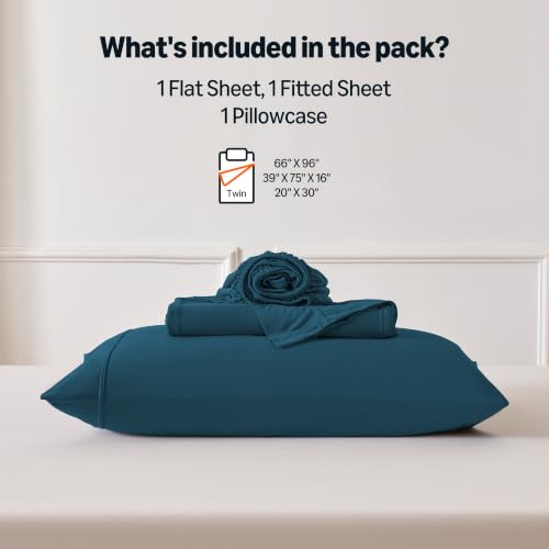 Image of Amazon Basics Jersey Knit 3-Piece Sheet Set, Wrinkle Resistant and Easy Fit, Includes 16 inch Deep Pocket Fitted Sheet, 1 Flat Sheet and 1 Pillowcase, Twin, Dark Teal