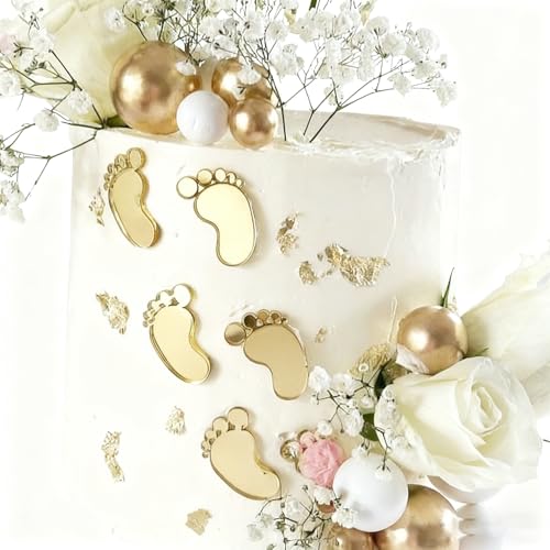 3 Pairs Baby Feet Cake Decoration, Gold Acrylic Welcome Baby Feet Cake Topper for Baby Shower Gender Reveal Birthday Party Supplies