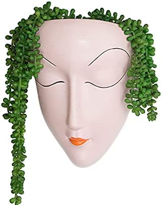 9" Wall Mounted Face Head Planter Ceramic Unique Holder Funny Cute Vase Accent Conversation Piece with Drainage Boho Chic for Living Room Office Garden Patio. Bonus: 2 Fake String of Pearls Included