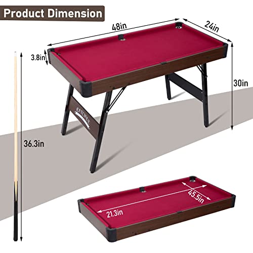 Raychee 48" Folding Pool Table, Portable Billiard Game Tables For Kids And Adults, Mini Pool Table With Locking Legs, Adjustable Feet, Balls, Cues, Triangle, Chalk, Brush For Family Game Room (Red) #TOP5