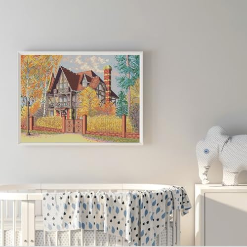 Image of ITSTITCH Stamped Cross Stitch Kits - Full Set of Embroidery for Beginners or Adults,14 CT 2 Strands DIY Autumn Yard Patterns Counted Arts Craft 19.7x15 inch
