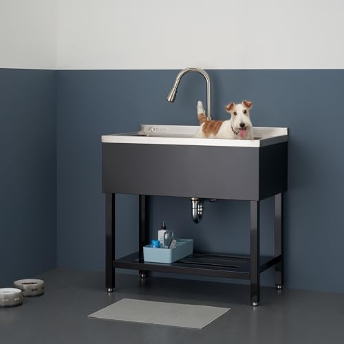TRINITY THAPBK-0323 Stainless Steel Freestanding Single Bowl Utility Sink for Garage, Laundry Room, and Commercial Use, Includes Pull-Out Faucet, NSF, UPC and cUPC Certified, 36" x 20" x 49.2", Black