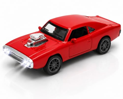Image of 1970 Dodge Charger Die-Cast Toy Car for Kids - 1:36 Scale Pull Back Metal Model Car with Openable Doors, LED Lights & Music | Vintage Muscle Car Collectible Toy (Red)