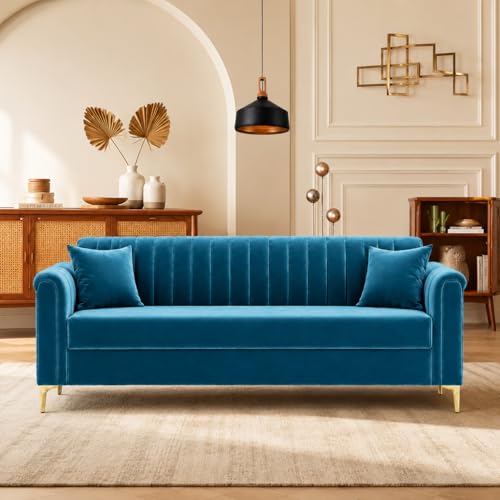 Image of FURNY Dorano 3 Seater Fabric Sofa Set (Aqua Blue) Premium Velvet Finish Durable & Comfortable Ideal for Living Room