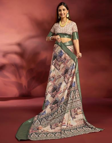 Image of SIRIL Women's Dola Silk Printed Jacquard Border Ready To Wear Saree with Unstitched Blouse Piece