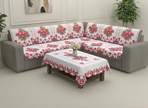 Image of Fab Nation Sofa Cover L Shape 7 Seater with Corner L Type Fully Covered Sofa Set for Living Room | Cotton Sofa Slipcovers for 4 + 3 Seaters Cover with 1 Table Cover | Flower Pink