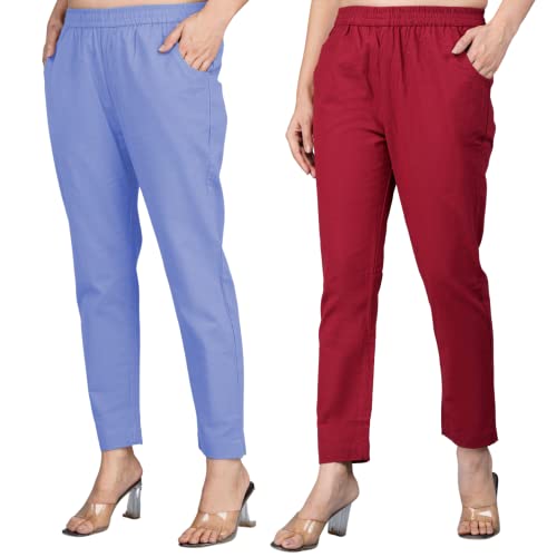Image of Regular Fit Fully Elastic Waist Ankle Length Premium Cotton Casual Trouser Pant (Combo Pack of 2)