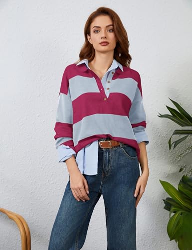 Image of Womens Striped Sweater Rugby Polo Shirts Y2k Collar Pullover Tops | Rugby Shirt,Long Sleeve Knit Top,Lapel V Neck Jumper,Oversized,Casual Outings Streetwear,Preppy Sweater,Fall Winter Clothes