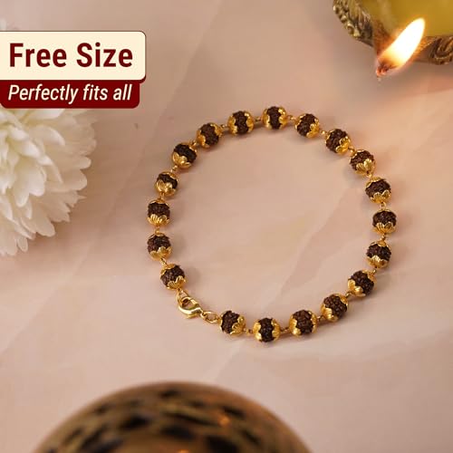 Japam Gold Plated Divine Aura Rudraksha Bracelet for Women – 8 Inches Length, One Size, Metal, Rudraksha