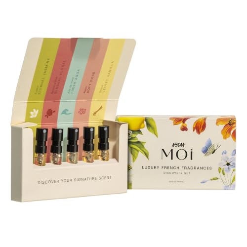 Image of Nykaa Moi Fragrance Discovery Kit of Joie De Vivre, Raison D'Etre, Amour, Bisous, Matin (2 ml x 5) | Perfume Trial Pack for Women | Mini Eau De Parfum Sampler Set | Floral, Fresh Aqua, Velvet Vanilla & Woody Notes | Gift Set for Women 10ml | Travel Friendly, Birthday & Anniversary Sampler Kit