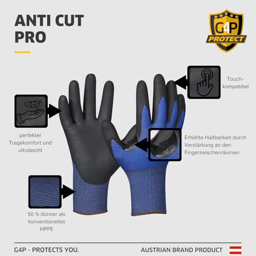G4P Anti Cut Pro Schnittschutzhandschuhe - 2 Paar Arbeitshandschuhe, Schnittschutzklasse D mit Touchscreen-Funktion, Montagehandschuhe aus UHMWPE für Präzisionsarbeiten & Industrie, Gr. XL (Gr 10)