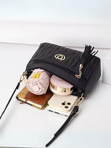 Image of Black Sling Bags for Women with with a Chic Tassel Charm