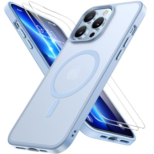 Image of Miracase Magnetic for iPhone 13 Pro Max Case 6.7 inch (Compatible with MagSafe)(with 2X Screen Protectors) Military-Grade Protection, Anti-Fingerprint Translucent Matte Phone Case Cover, Light Blue