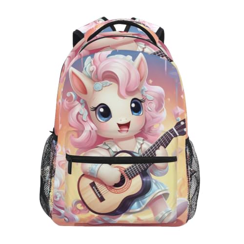 Cartable à dos pour étudiants style musique rose et motifs licorne