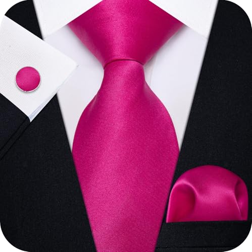 Image of YourTies Hot Pink Ties for Men Silk Necktie Pocket Square Cufflinks Set Solid Color Formal Business Party Wedding