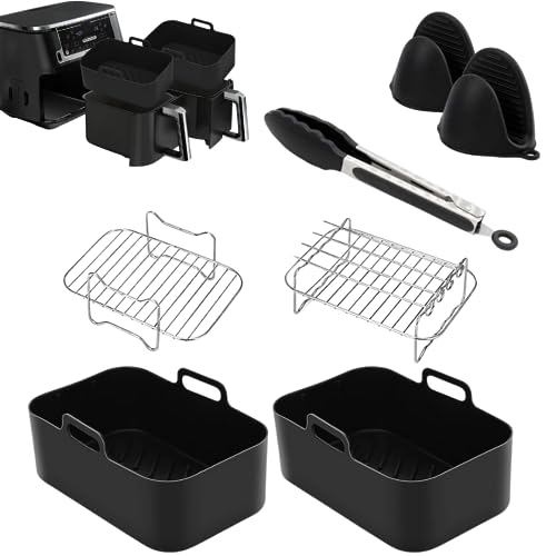 7 PCS Air Fryer Accessories Silicone Liners for Ninja Dual AF400UK & Tower T17088 & AF300UK 21.5cm Reusable Air Fryer Baskets & Air Fryer Rack & Silicone Gloves & Silicone Tong