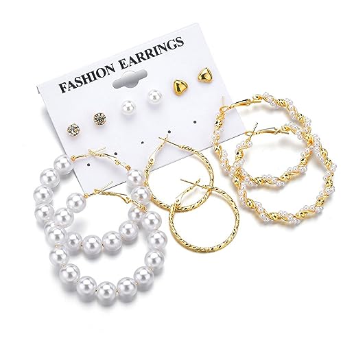 12 Pairs Pearl Hoops & Studs Earrings Set Combo for Girls Women