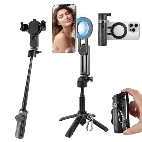 WOVTE 4-in-1 Magnetic Selfie Stick, Portable Pocket MagSafe Tripod for iPhone with Detachable Remote, 360°Rotation iPhone Selfie Stick Tripod for Video Recording, Photograph, Live Streaming, Travel