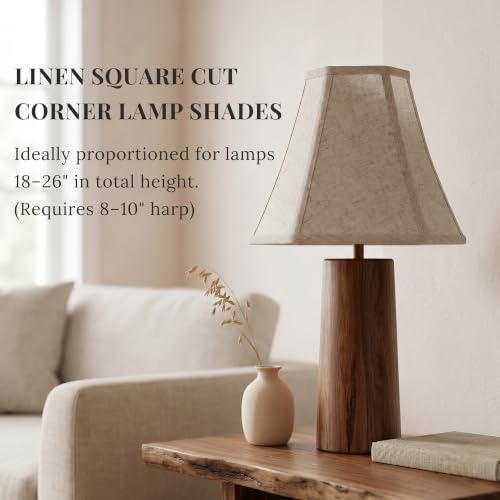 Image of Linen Fabric Lamp Shades Set of 2, Beige Medium 6.5 inch Top x 13 inch Bottom x 10.8 inch High, Square Cut-Corner Replacement Lampshades for Table Lamps, Spider Fitter, Warm Natural Decor, Harp Not Included