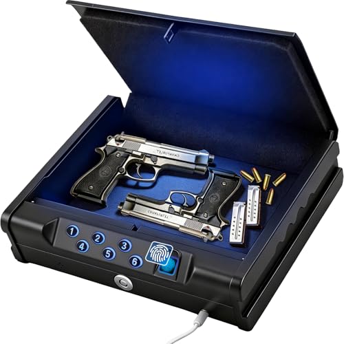 Biometric Fingerprint Handgun Safe, Small Nightstand Gun Lock Box with 3 Access Modes, 0.1s Quick Fingerprint Unlock & Voice Prompt, Heavy Steel Pistol Storage Box for Bedroom Home and Vehicle Use